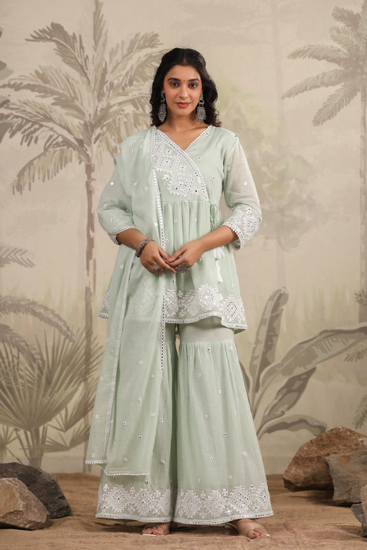 Pastel and bling Sage green ethnic sharara set with dupatta