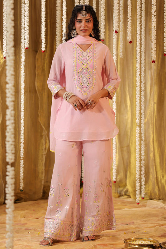 Pastel and bling pink short kurta ethnic set with dupatta