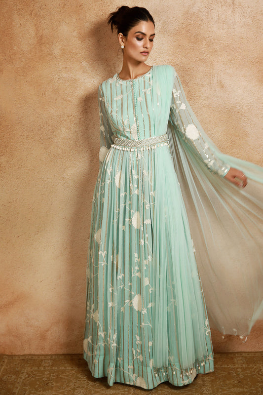 Aqua Blue Anarkali With Attached Dupatta