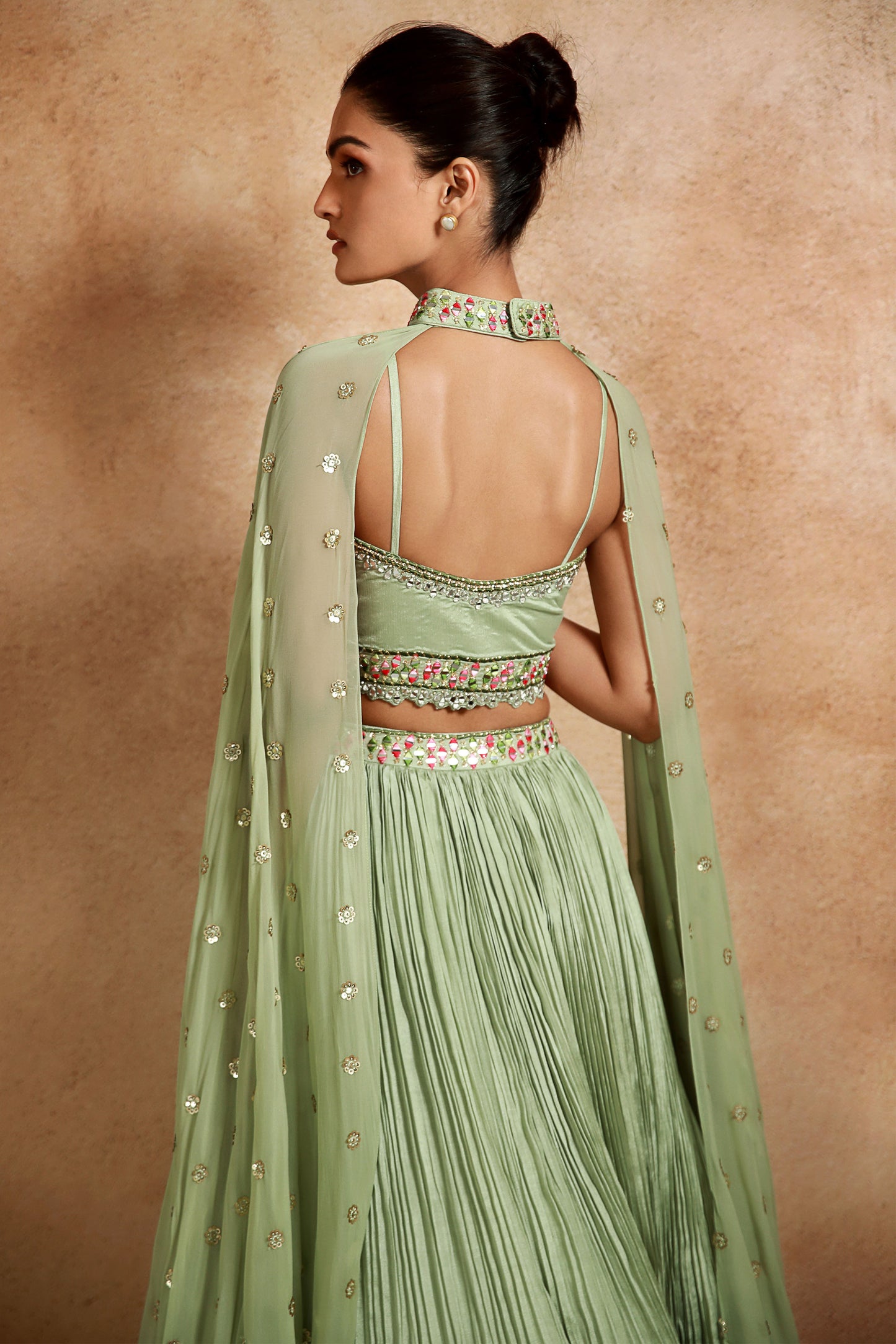 Pista Green Lehenga Set With Embroidered Blouse