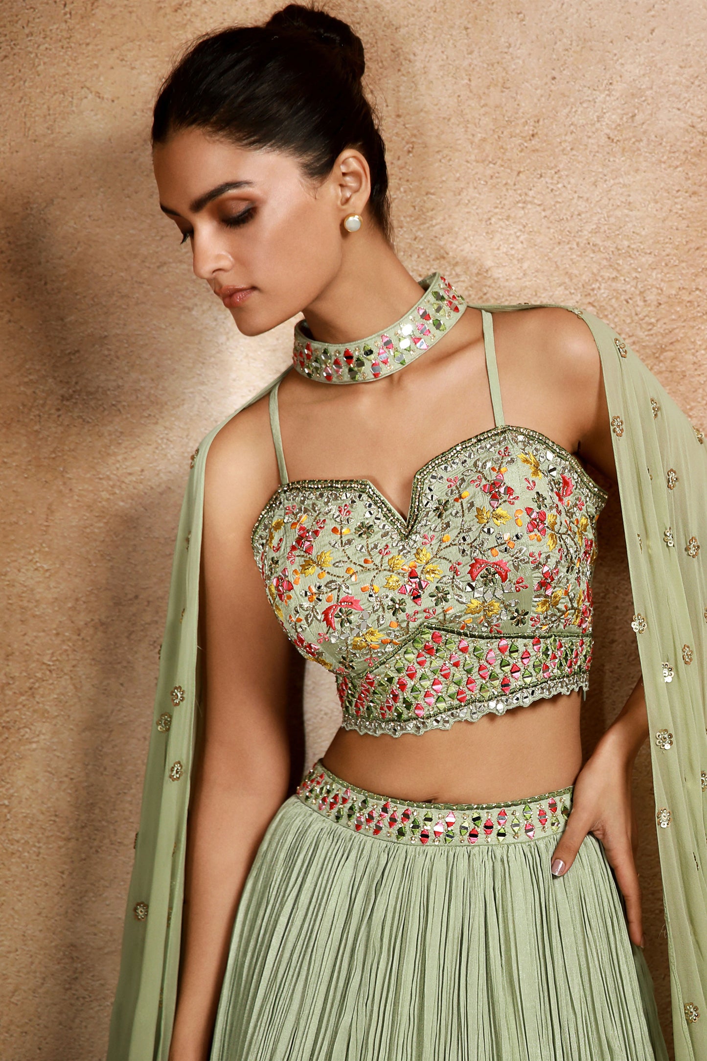 Pista Green Lehenga Set With Embroidered Blouse