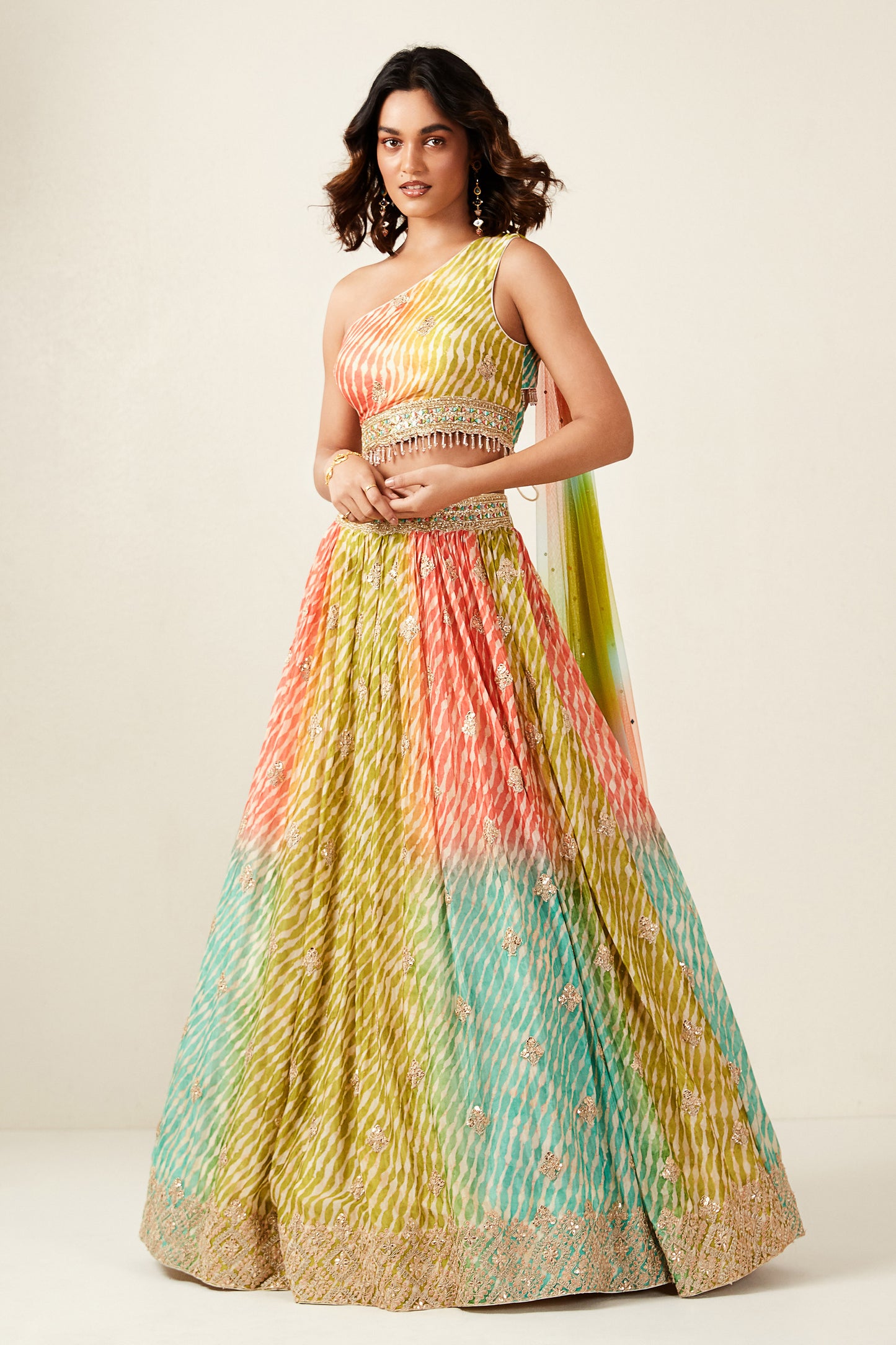 Multicoloured Lehenga Set With Attached Dupatta- GREEN