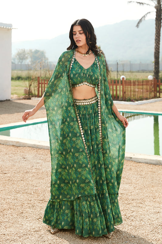 Green Printed Skirt  Set