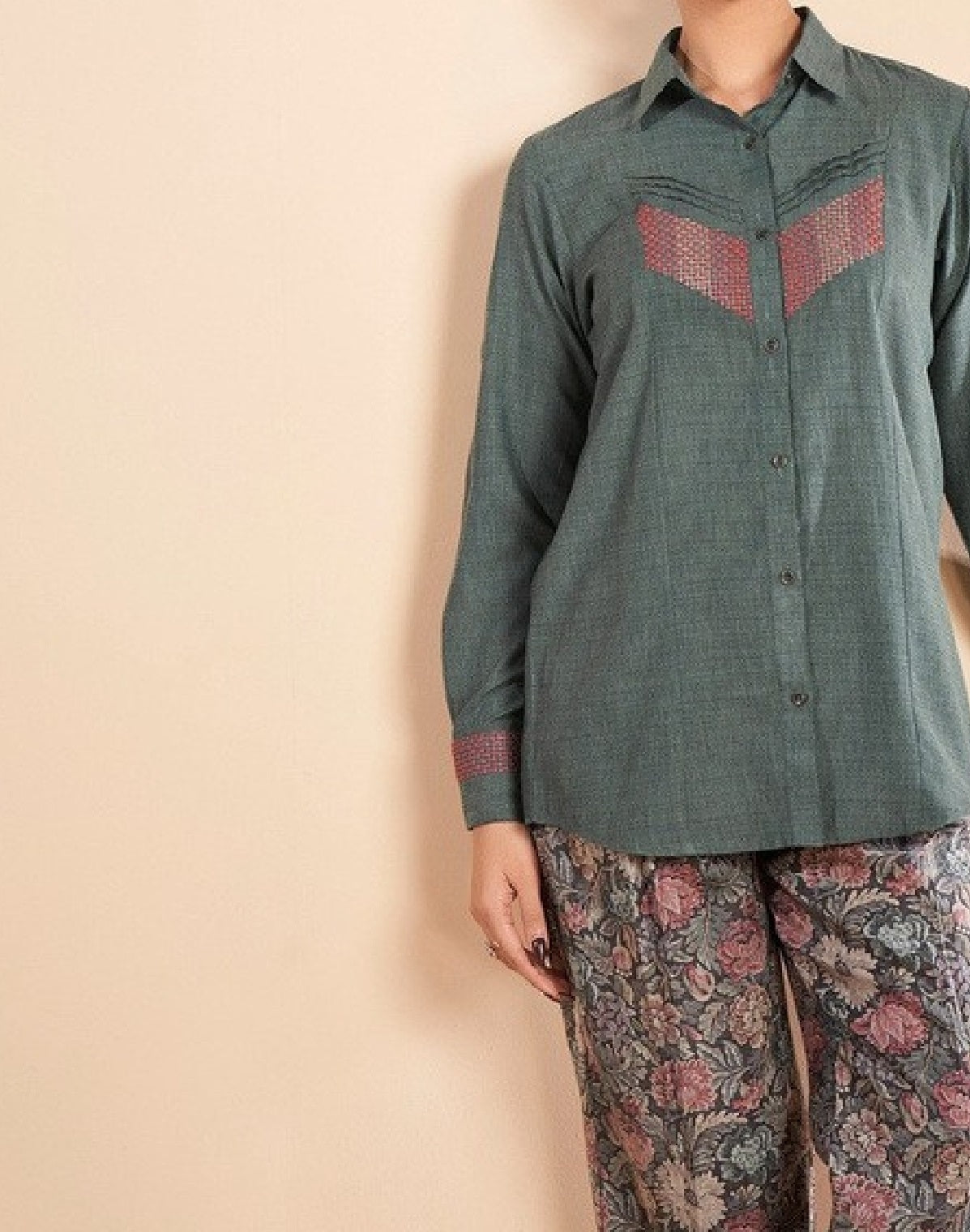 Bottle Green Shirt with Printed Pant Set