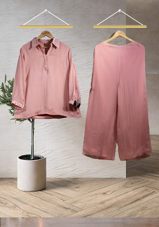 BLUSH PINK EMB COLLAR CO-ORD SET