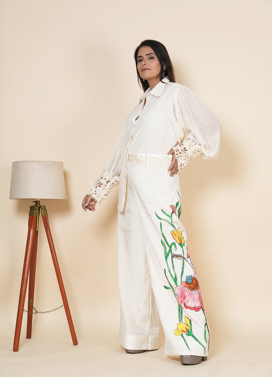 Embroidered Wide Leg Trouser Co-Ord Set With Belt