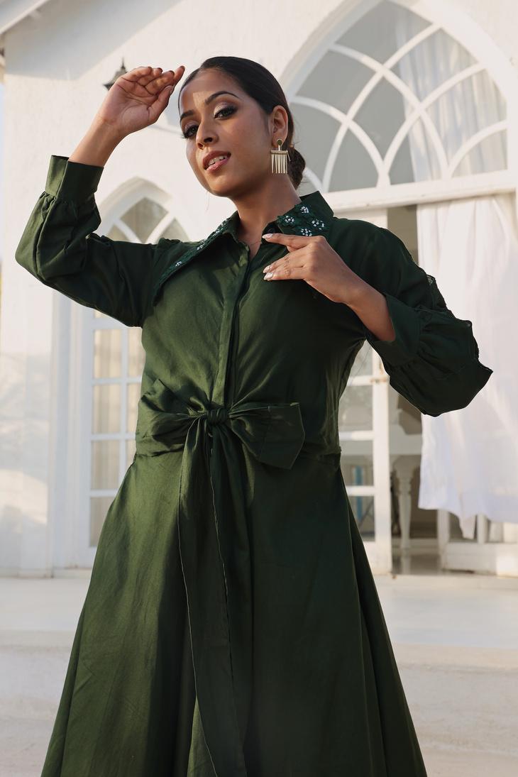 Bottle Green Collar Detailed Shirt Dress